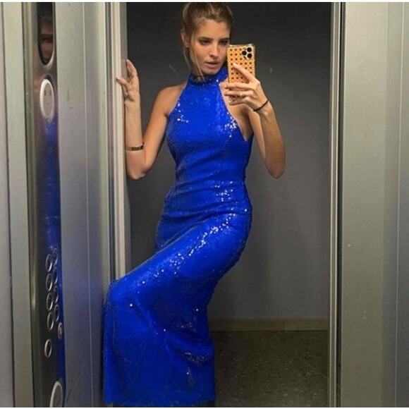 ZARA Sequin Halter Midi Dress NWT | Blue Slit Fitted Blogger Fave L - Picture 11 of 16
